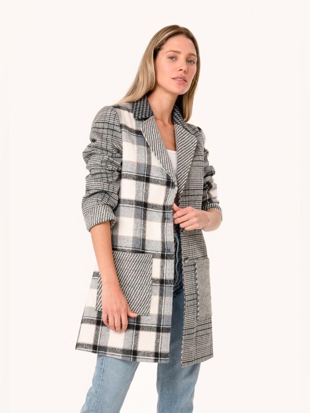 LOVESTITCH / Darby Patchwork Plaid Long Blazer Coat - Sz L - NWT